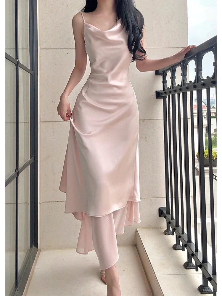 TingPo Wholesale Pretty A Line Spaghetti Straps Silk Satin Pink Prom Dresses Sexy Evening Dress