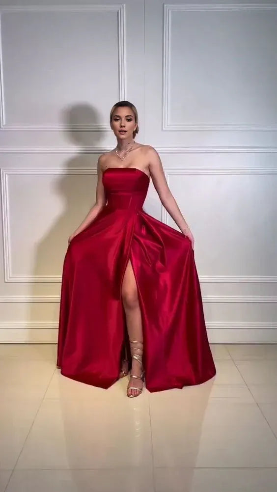 Wholesale Pretty A Line Strapless Burgundy Slit Prom Dresses Formal Evening Dress formal wear dresses