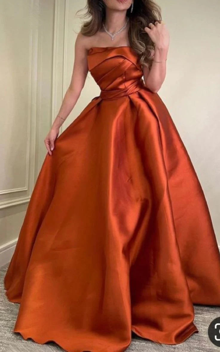 TingPo Wholesale Pretty A Line Strapless Burnt Orange Satin Evening Dress Prom Dresses With Ruffles