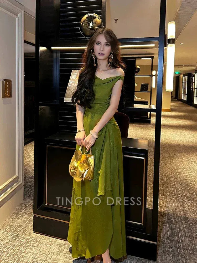 TingPo Wholesale Pretty A line Off The Shoulder Satin Green Long Prom Dresses Satin Evening Gowns