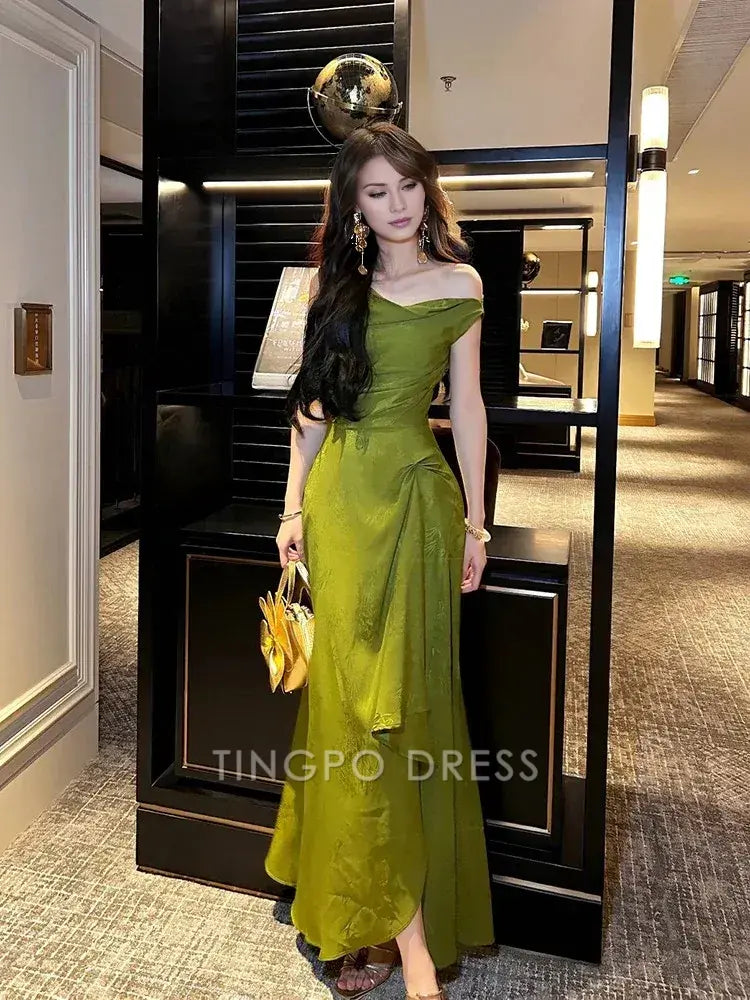 TingPo Wholesale Pretty A line Off The Shoulder Satin Green Long Prom Dresses Satin Evening Gowns
