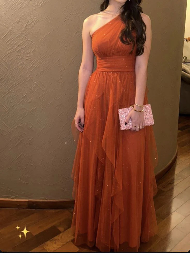 TingPo Wholesale Pretty A line One Shoulder Tulle Rust Orange Long Prom Dresses Formal Evening Dress