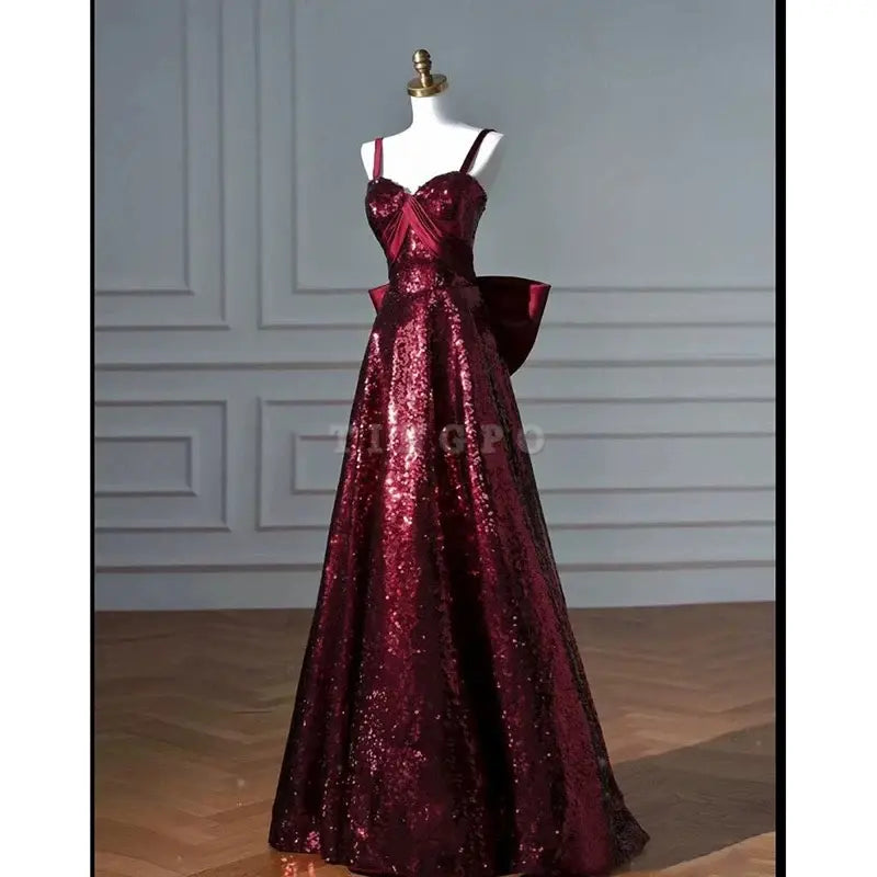 TingPo Wholesale Pretty A line Spaghetti Straps Burgundy Sequin Long Prom Dresses Party Evening Dress formal wear dresses