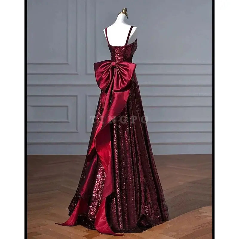 TingPo Wholesale Pretty A line Spaghetti Straps Burgundy Sequin Long Prom Dresses Party Evening Dress formal wear dresses