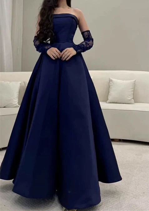 TingPo Wholesale Pretty A line Strapless Navy Blue Long Prom Dress Evening Dress With Gloves