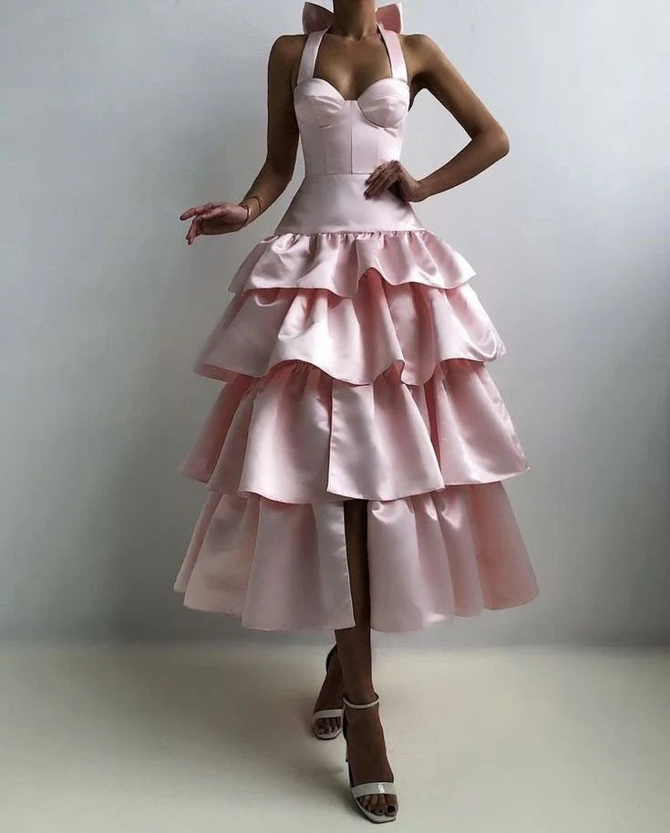 TingPo Wholesale Pretty Ball Gown Halter Pink Satin Evening Party Dress Prom Dresses