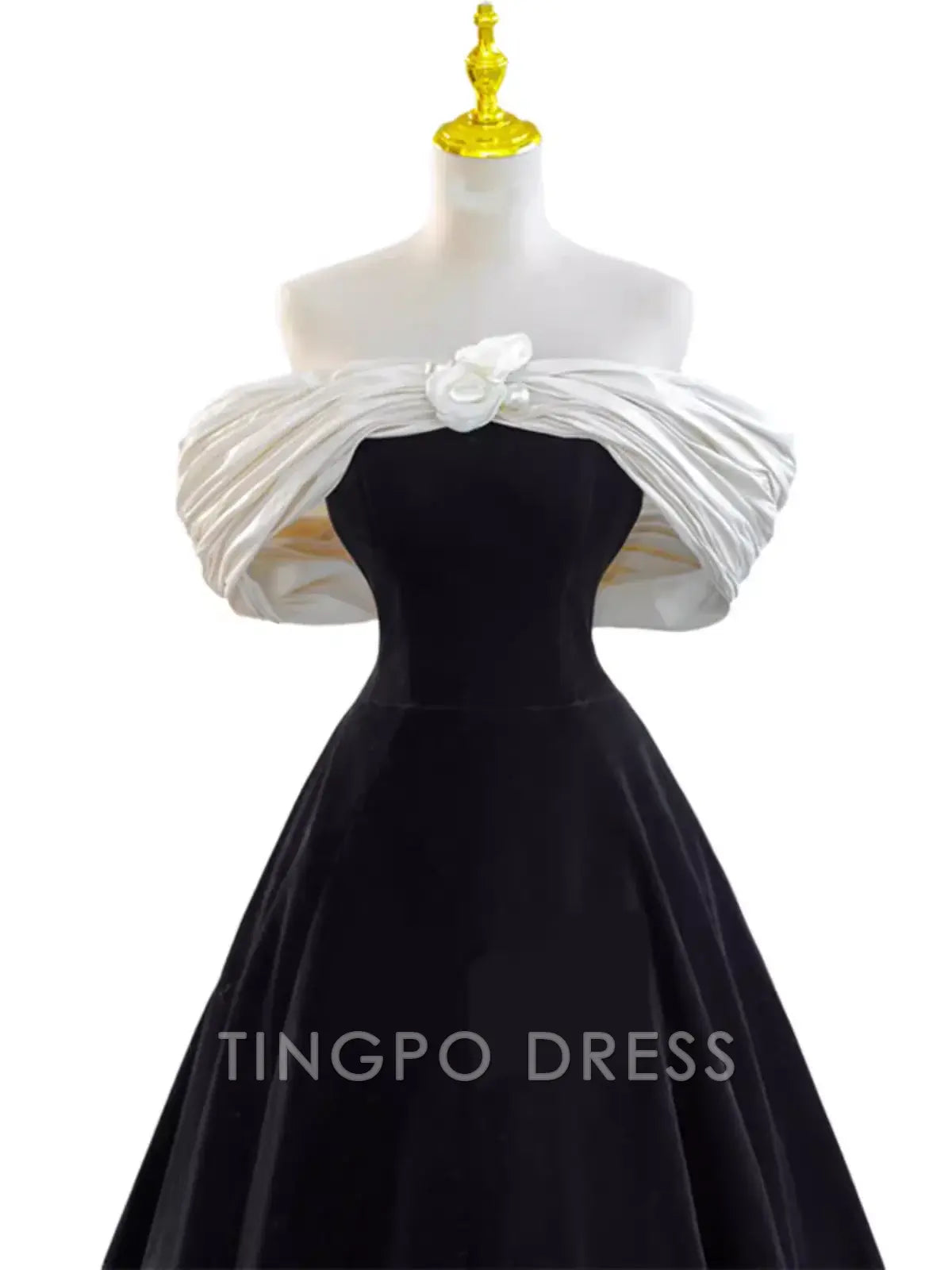 TingPo Wholesale Pretty Ball Gown Off The Shoulder Black Velvet Evening Party Dress Prom Dresses With Flower