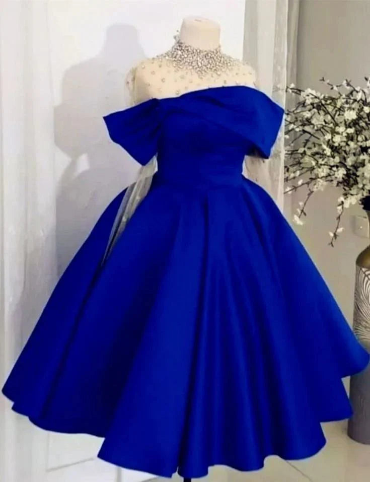 Wholesale Pretty Ball Gown Royal Blue Satin Evening Dress Prom Dresses With Beads formal wear dresses