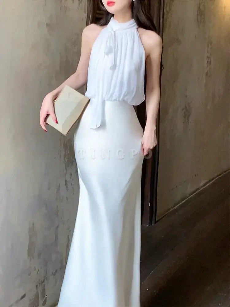 TingPo Wholesale Pretty Mermaid Halter Sleeveless White Chiffon Long Prom Dresses Evening Dress