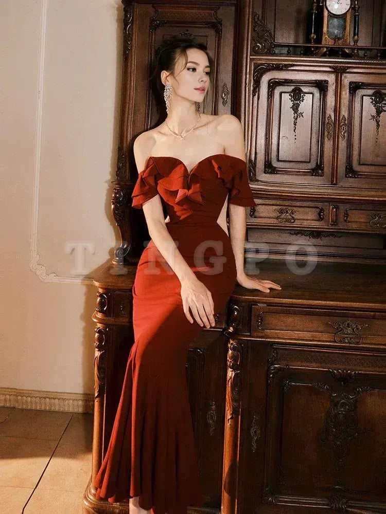 Wholesale Pretty Mermaid Off The Shoulder Burgundy Satin Long Prom Dresses Party Evening Dress formal wear dresses