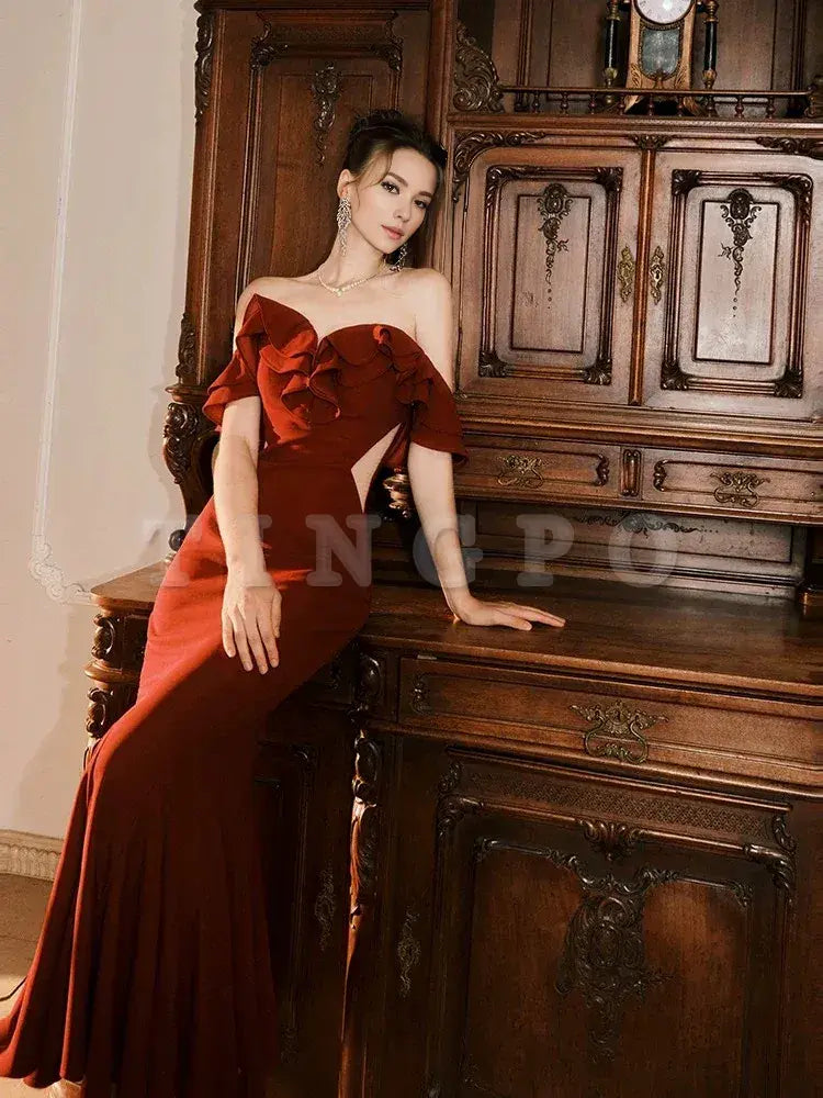 Wholesale Pretty Mermaid Off The Shoulder Burgundy Satin Long Prom Dresses Party Evening Dress formal wear dresses