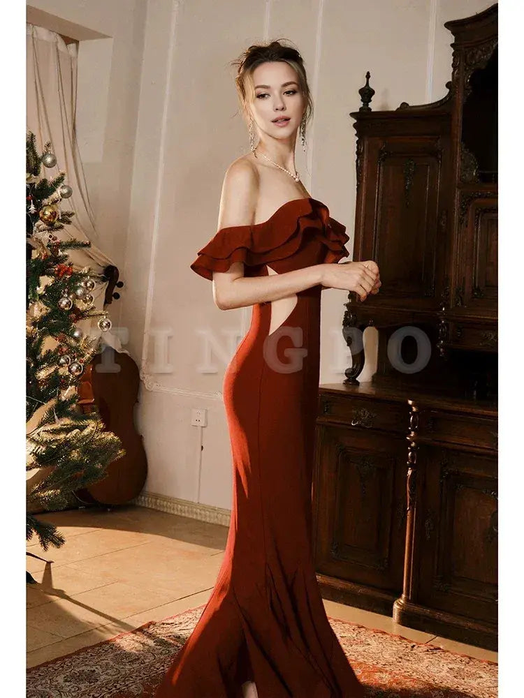 Wholesale Pretty Mermaid Off The Shoulder Burgundy Satin Long Prom Dresses Party Evening Dress formal wear dresses