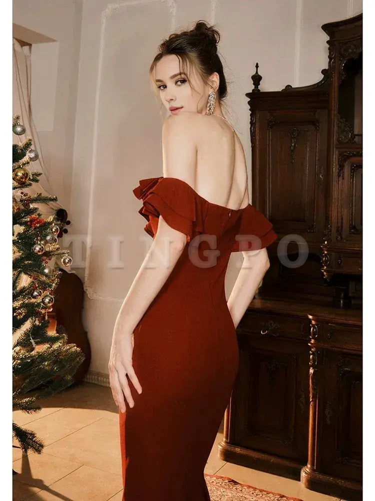 Wholesale Pretty Mermaid Off The Shoulder Burgundy Satin Long Prom Dresses Party Evening Dress formal wear dresses