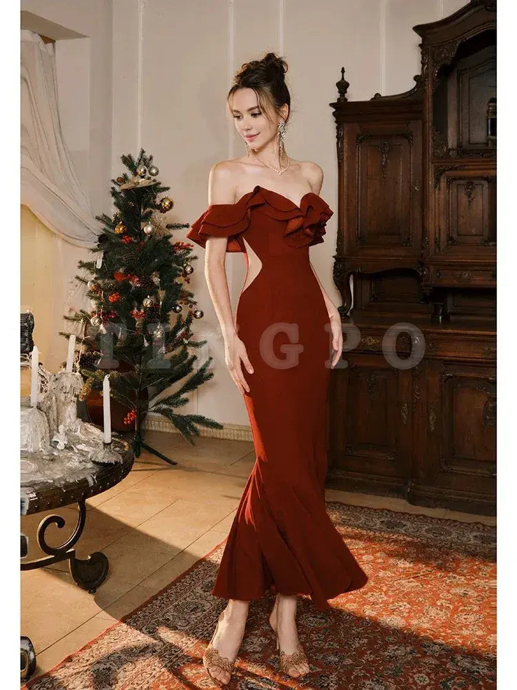 Wholesale Pretty Mermaid Off The Shoulder Burgundy Satin Long Prom Dresses Party Evening Dress formal wear dresses