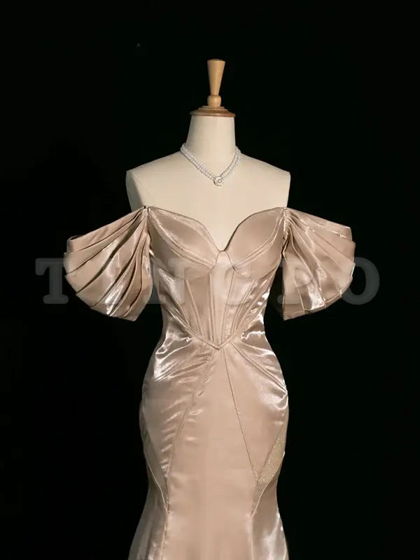 Wholesale Pretty Mermaid Off The Shoulder Satin Long Champagne Prom Dresses Party Evening Dress formal wear dresses ﻿