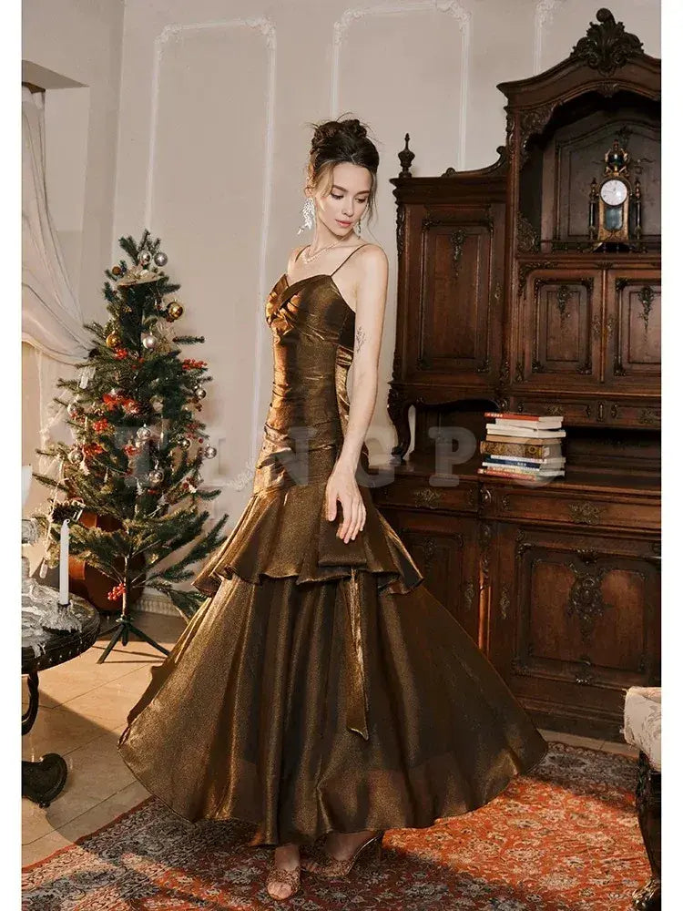 Wholesale Pretty Mermaid Spaghetti Straps Brown Long Prom Dresses Party Evening Dress formal wear dresses