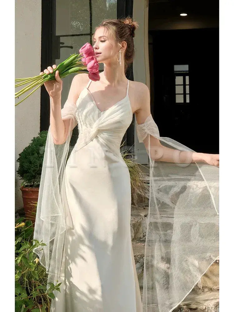 Wholesale Pretty Mermaid Spaghetti Straps White Long Prom Dresses Party Evening Dress formal wear dresses