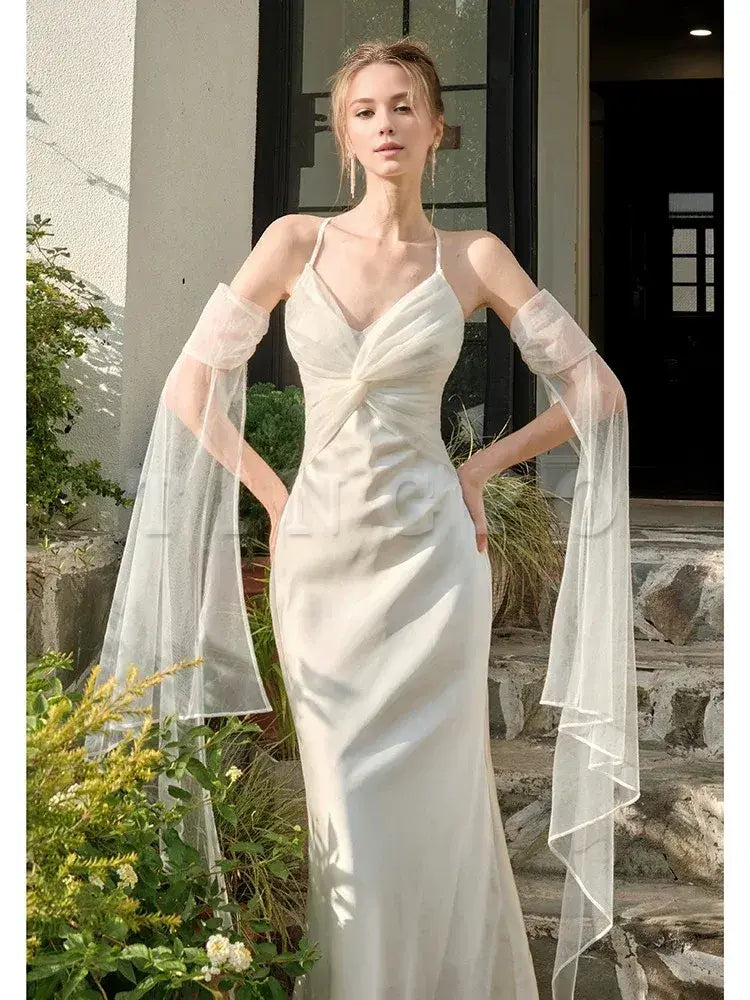 Wholesale Pretty Mermaid Spaghetti Straps White Long Prom Dresses Party Evening Dress formal wear dresses