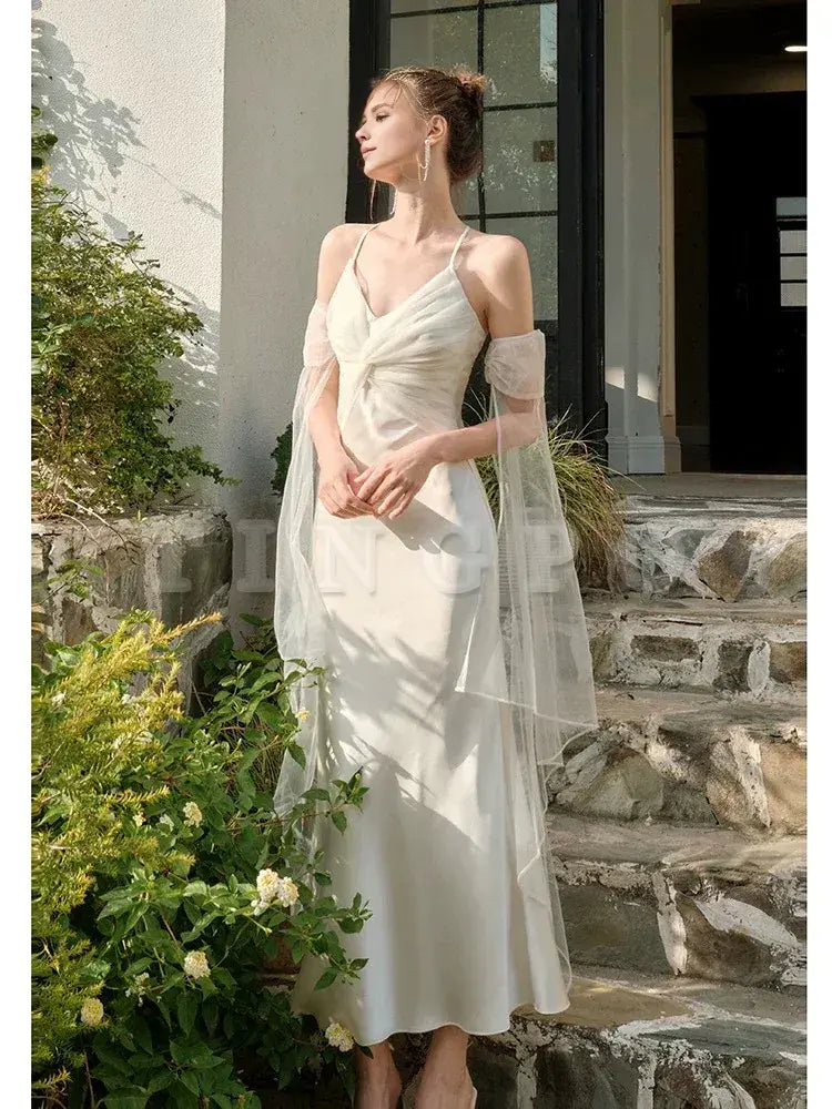 Wholesale Pretty Mermaid Spaghetti Straps White Long Prom Dresses Party Evening Dress formal wear dresses