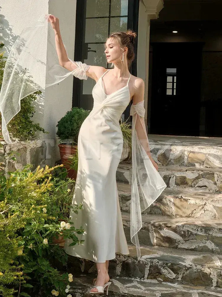 Wholesale Pretty Mermaid Spaghetti Straps White Long Prom Dresses Party Evening Dress formal wear dresses