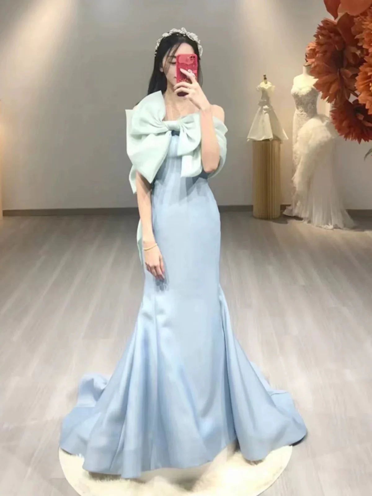TingPo Wholesale Pretty Mermaid Strapless Blue Satin Long Prom Dress Evening Dresses With Bow