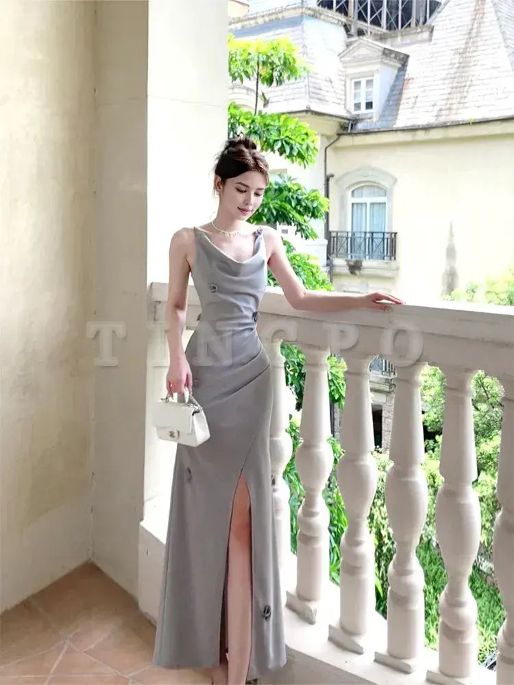 Wholesale Pretty Mermaid Straps Gray Satin Slit Long Prom Dresses Evening Dress formal wear dresses