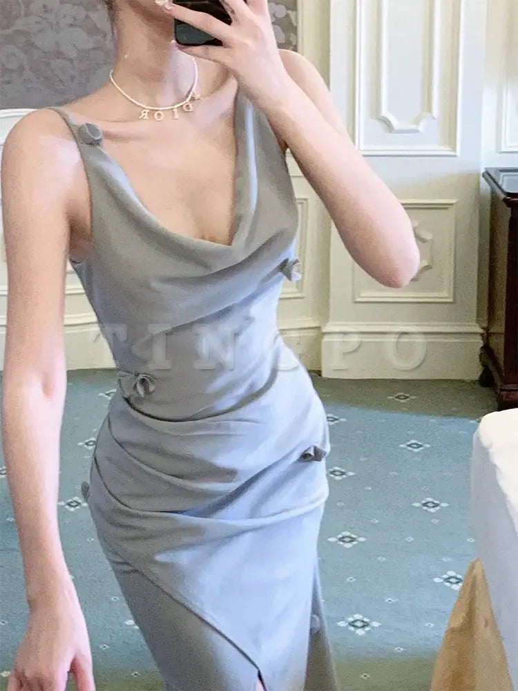 Wholesale Pretty Mermaid Straps Gray Satin Slit Long Prom Dresses Evening Dress formal wear dresses