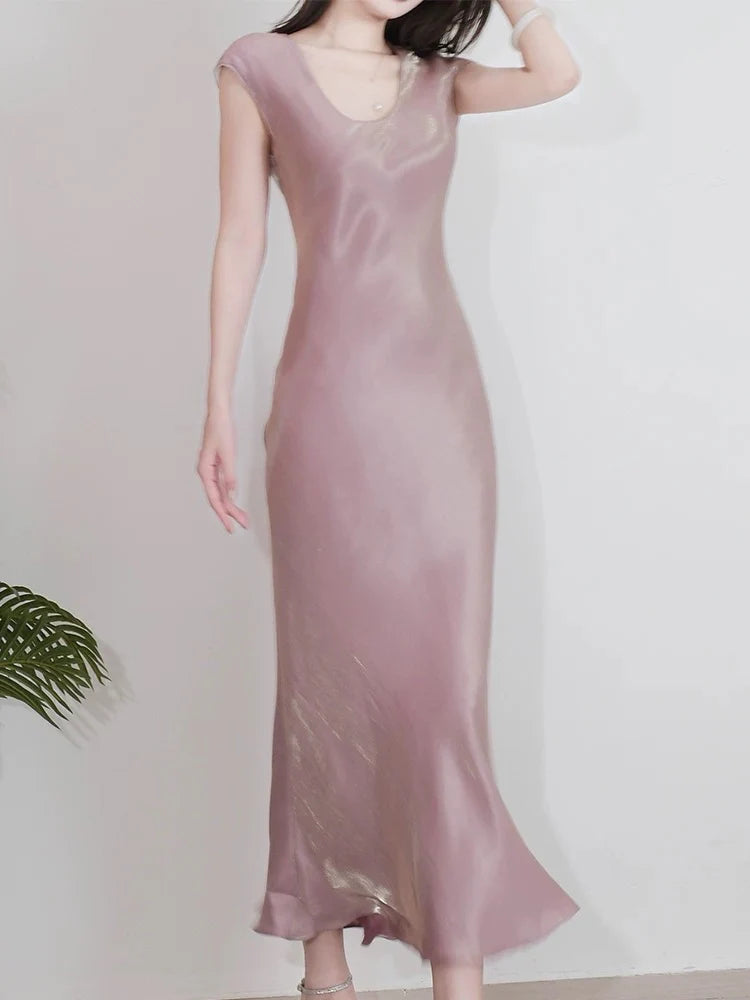 TingPo Wholesale Pretty Sheath Scoop Neckline Pink Silk Chiffon Prom Dresses Ankle Length Evening Dress