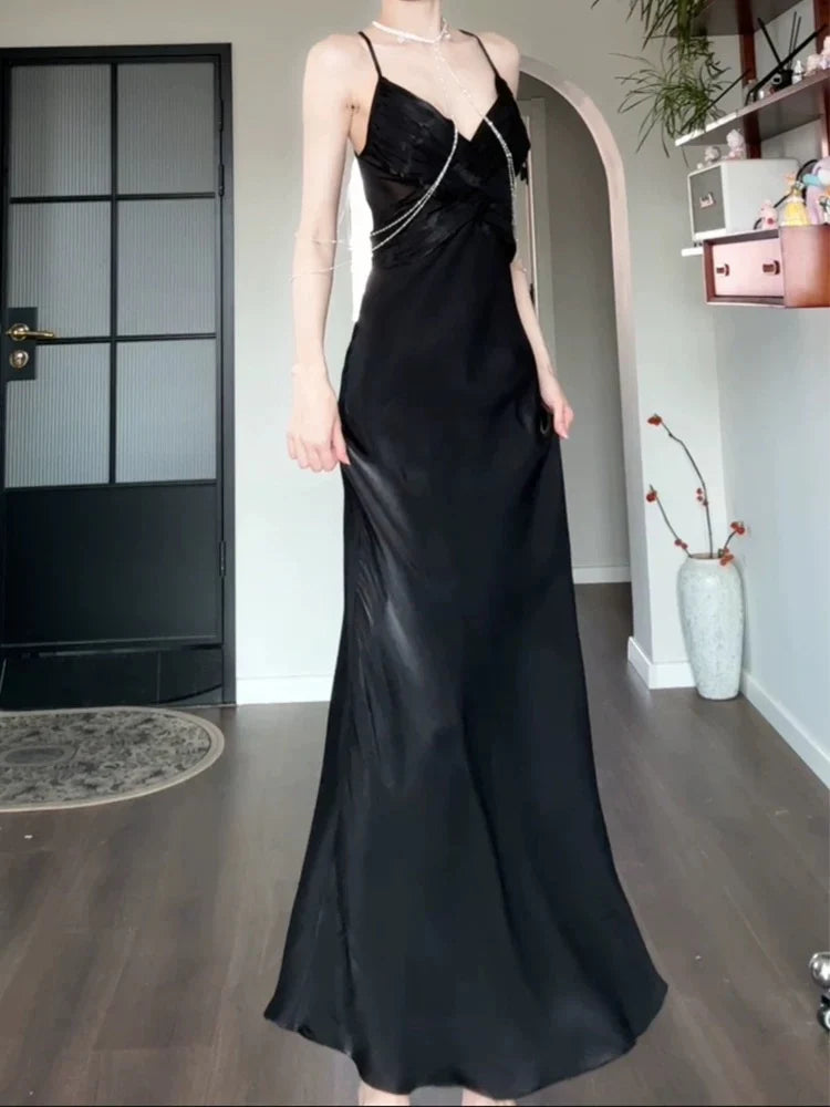 TingPo Wholesale Pretty Sheath Spaghetti Straps Black Silk Satin Prom Dresses Sexy Evening Dress