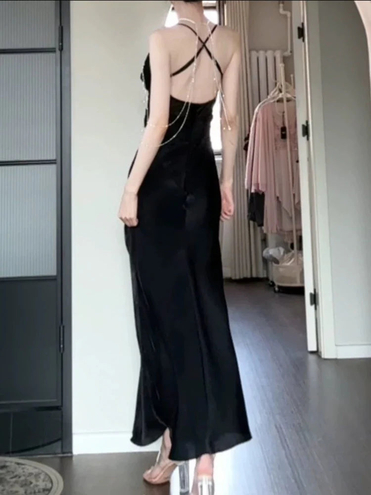 TingPo Wholesale Pretty Sheath Spaghetti Straps Black Silk Satin Prom Dresses Sexy Evening Dress