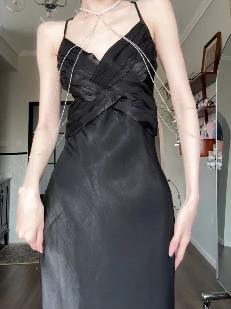 TingPo Wholesale Pretty Sheath Spaghetti Straps Black Silk Satin Prom Dresses Sexy Evening Dress