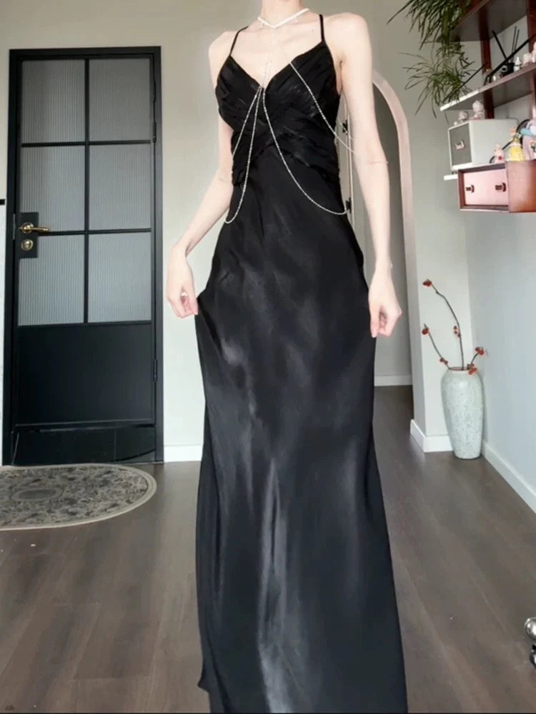 TingPo Wholesale Pretty Sheath Spaghetti Straps Black Silk Satin Prom Dresses Sexy Evening Dress