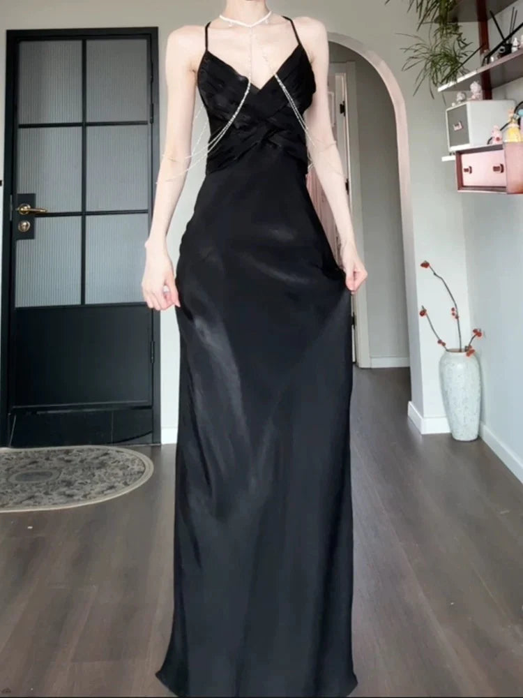 Wholesale Pretty Sheath Spaghetti Straps Black Silk Satin Prom Dresses Sexy Evening Dress formal wear dresses