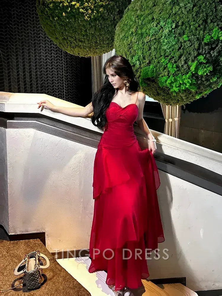 TingPo Wholesale Pretty Sheath Spaghetti Straps Red Long Length Chiffon Prom Dresses Evening Gowns Birthday Dress