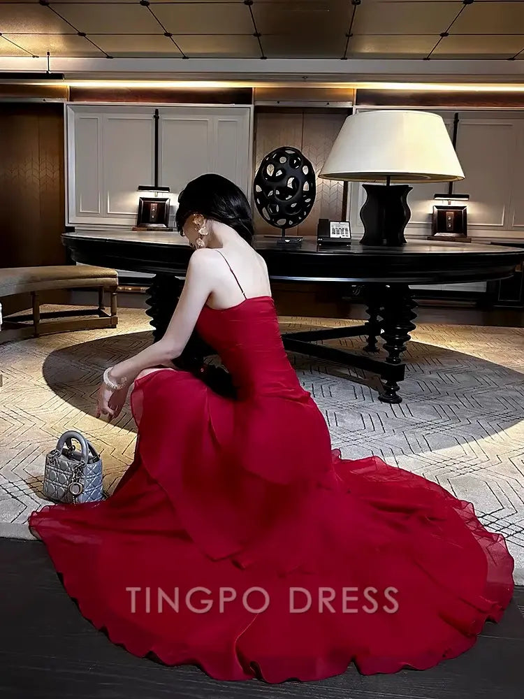 TingPo Wholesale Pretty Sheath Spaghetti Straps Red Long Length Chiffon Prom Dresses Evening Gowns Birthday Dress