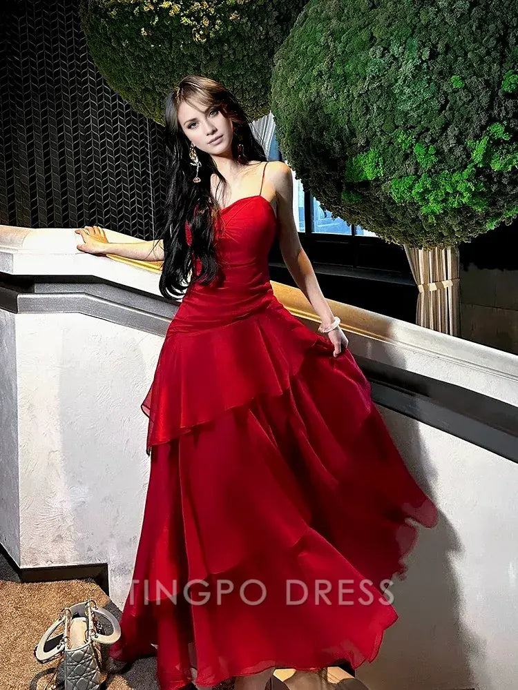 TingPo Wholesale Pretty Sheath Spaghetti Straps Red Long Length Chiffon Prom Dresses Evening Gowns Birthday Dress