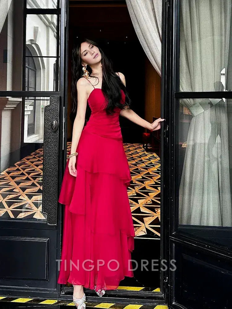 TingPo Wholesale Pretty Sheath Spaghetti Straps Red Long Length Chiffon Prom Dresses Evening Gowns Birthday Dress