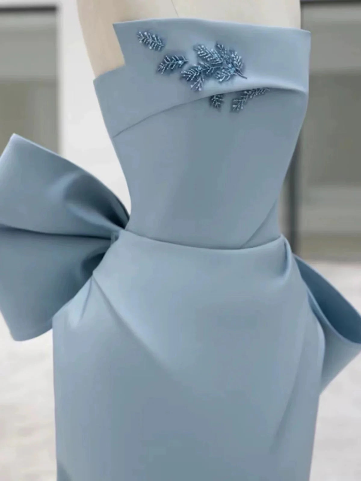 TingPo Wholesale Pretty Sheath Strapless Blue Satin Long Prom Dress Evening Dresses With Bow