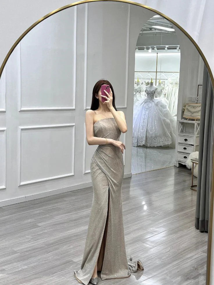 TingPo Wholesale Pretty Sheath Strapless Neckline Sleeveless Evening Dress Silver Sequin Prom Dresses