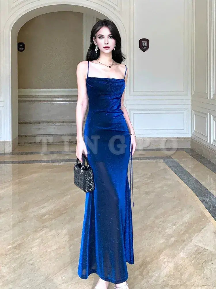 Wholesale Pretty Sheath Straps Floor Length Royal Blue Slit Prom Dresses Simple Evening Dress formal wear dresses