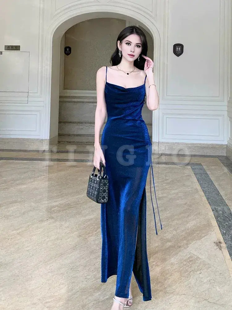 Wholesale Pretty Sheath Straps Floor Length Royal Blue Slit Prom Dresses Simple Evening Dress formal wear dresses