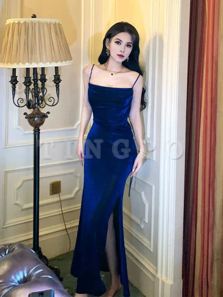 Wholesale Pretty Sheath Straps Floor Length Royal Blue Slit Prom Dresses Simple Evening Dress formal wear dresses