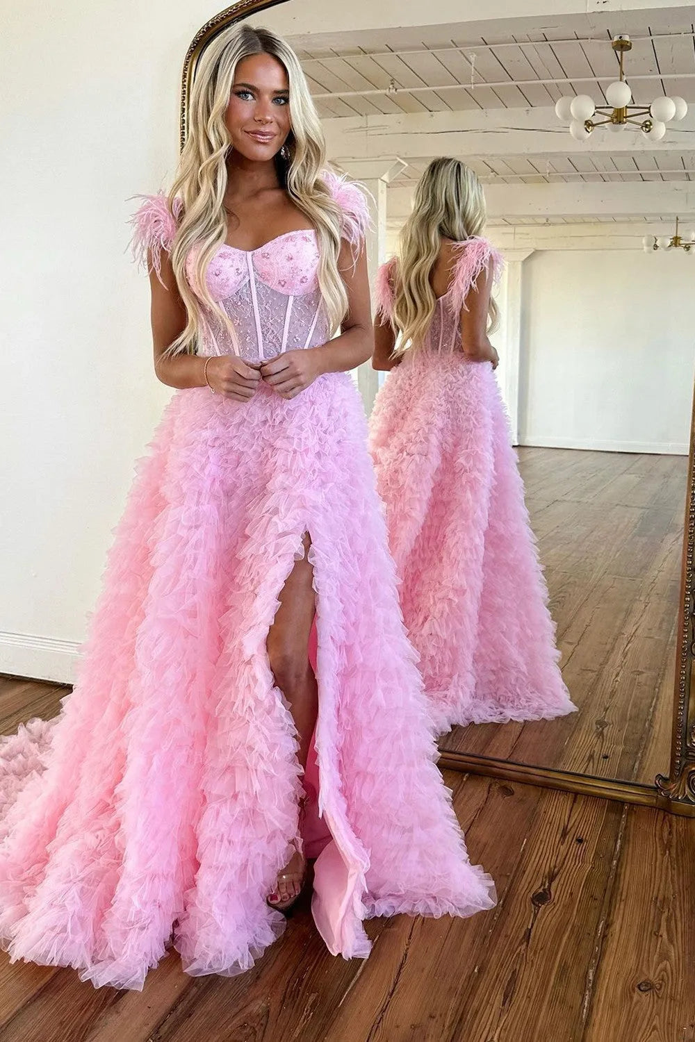 Wholesale Princess A-Line Feather Straps Long Ruffle Prom Dress With Split long prom dresses with sleeves