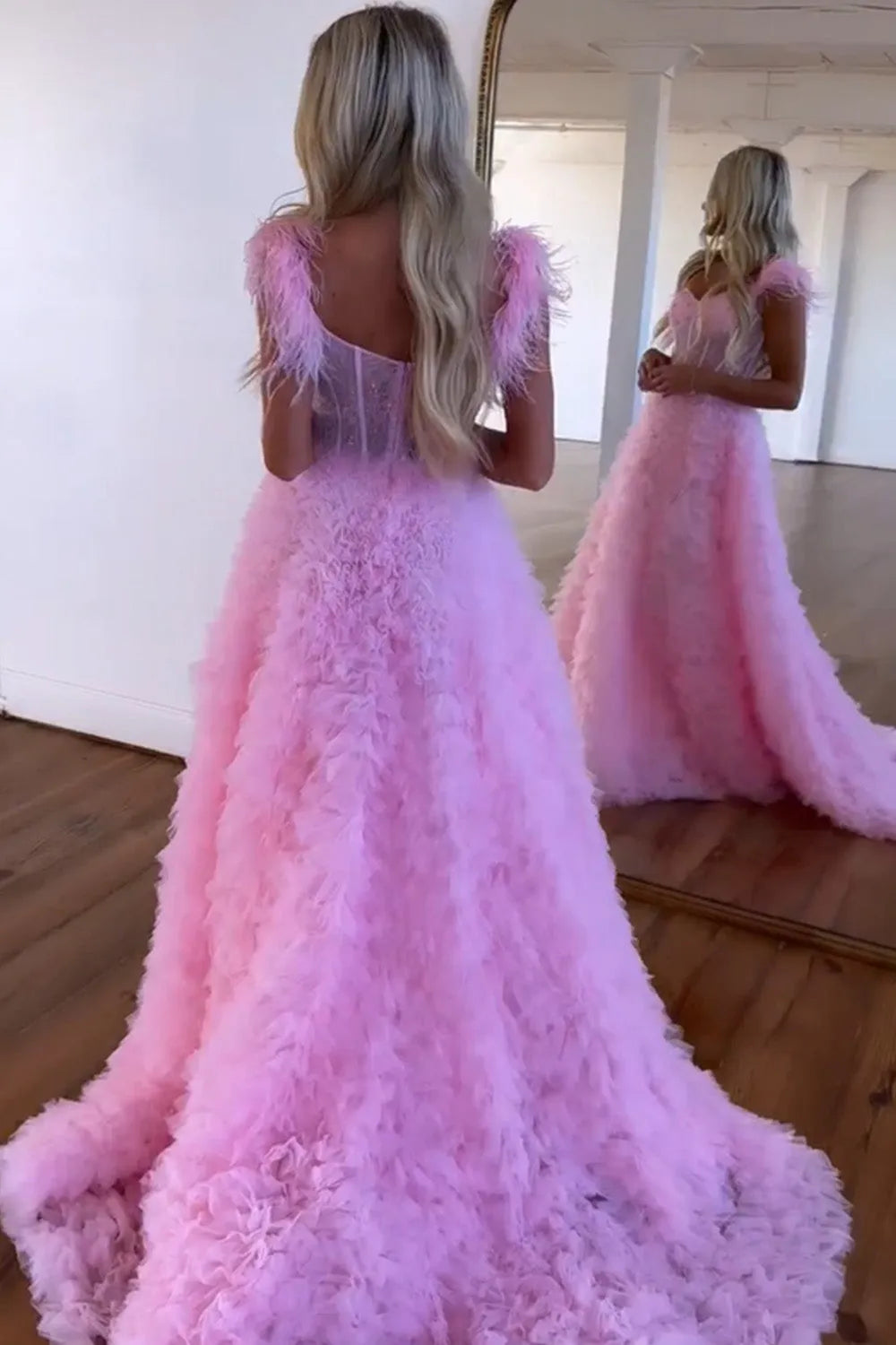 Wholesale Princess A-Line Feather Straps Long Ruffle Prom Dress With Split long prom dresses with sleeves