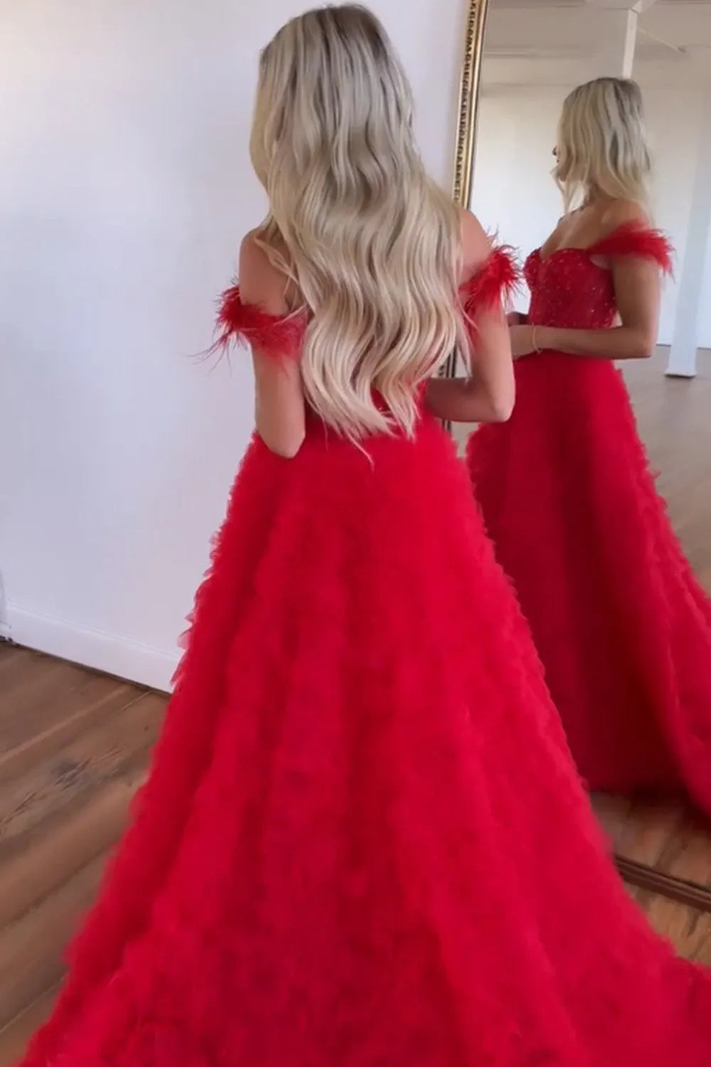 Wholesale Princess A-Line Feather Straps Long Ruffle Prom Dress With Split long prom dresses with sleeves