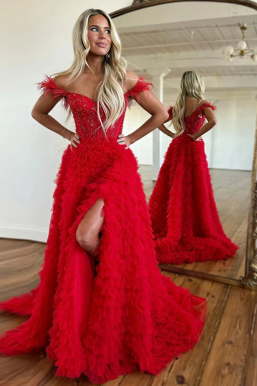 Wholesale Princess A-Line Feather Straps Long Ruffle Prom Dress With Split long prom dresses with sleeves