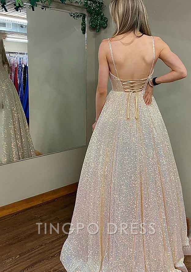 TingPo Wholesale Princess A-line V Neck Spaghetti Straps Long/Floor-Length Sequined Prom Dress With Pleated