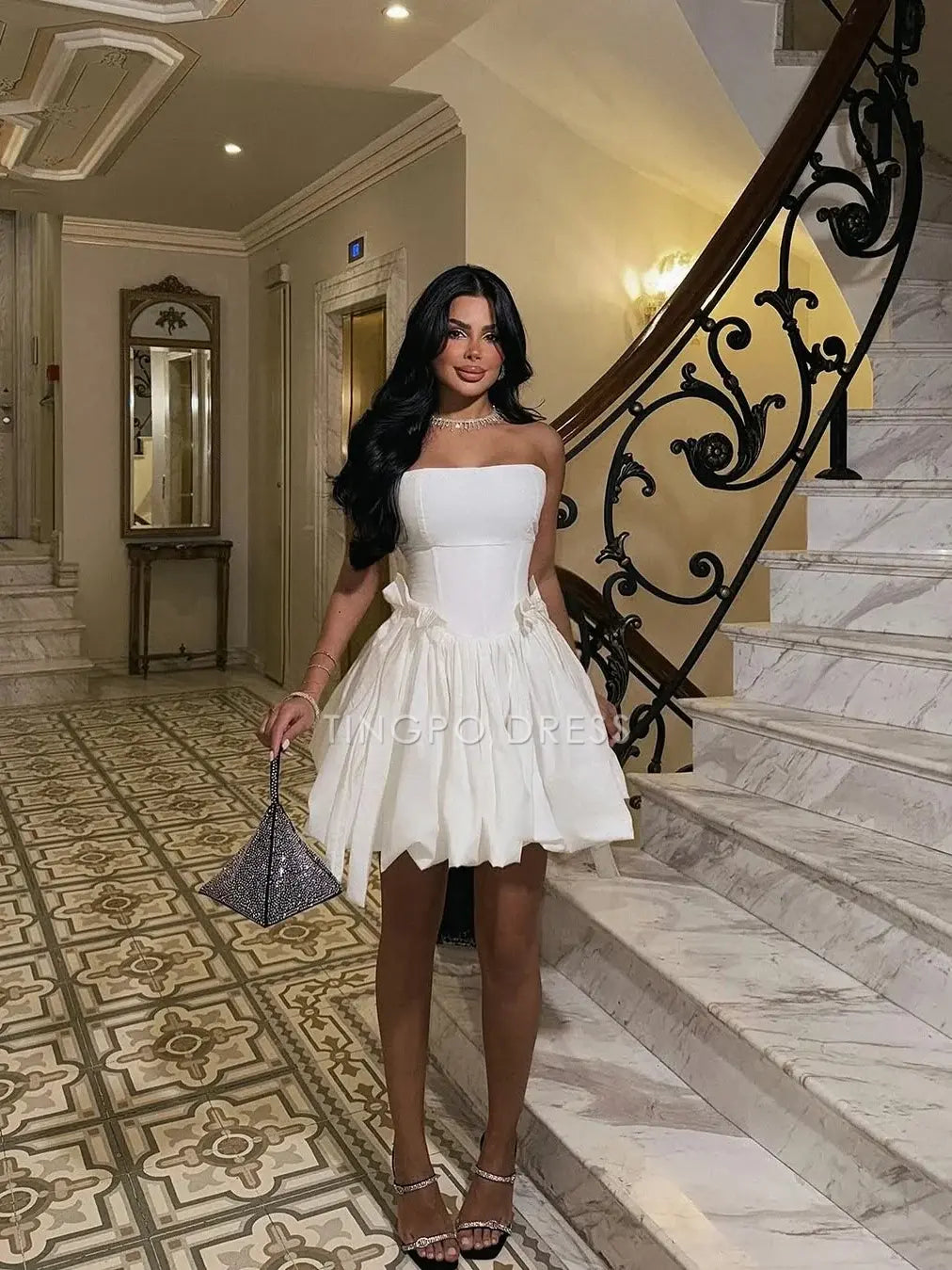 TingPo Wholesale Elegant Princess A Line Strapless White Short Homecoming Dress with Bowknot formal wear dresses