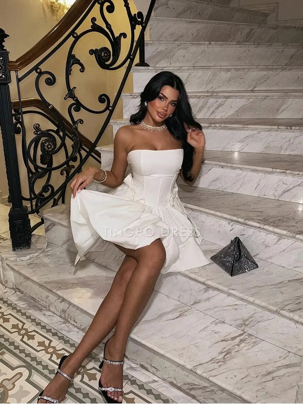 TingPo Wholesale Elegant Princess A Line Strapless White Short Homecoming Dress with Bowknot formal wear dresses