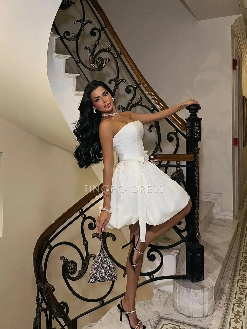 TingPo Wholesale Elegant Princess A Line Strapless White Short Homecoming Dress with Bowknot formal wear dresses